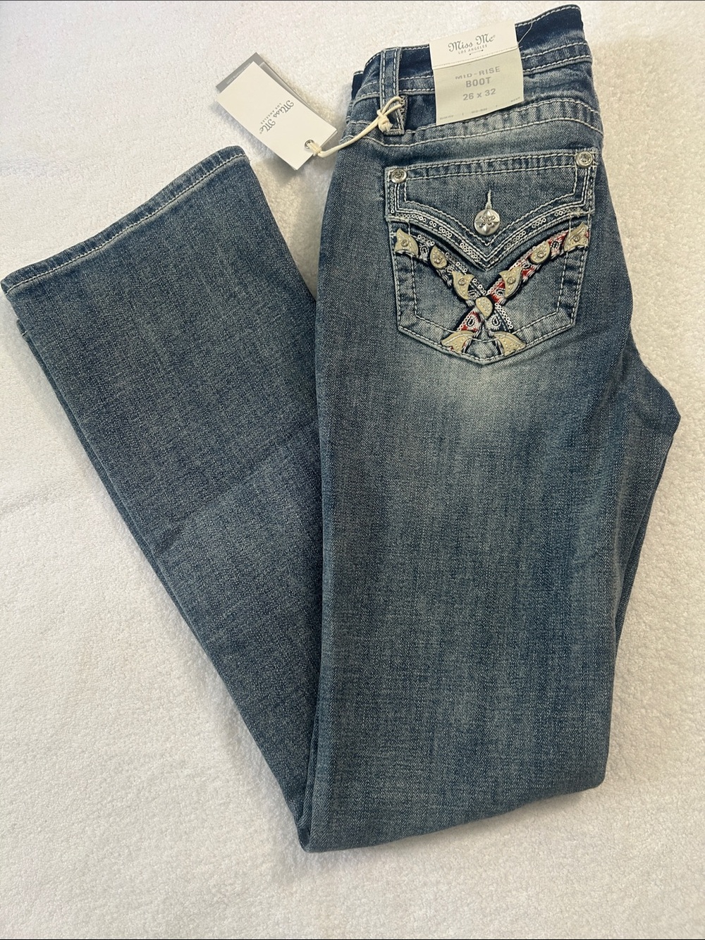 Miss Me 26 x 33 Jeans Mid-rise Boot cut Dark Blue Faux Flap Pocket Slim Fit NWT